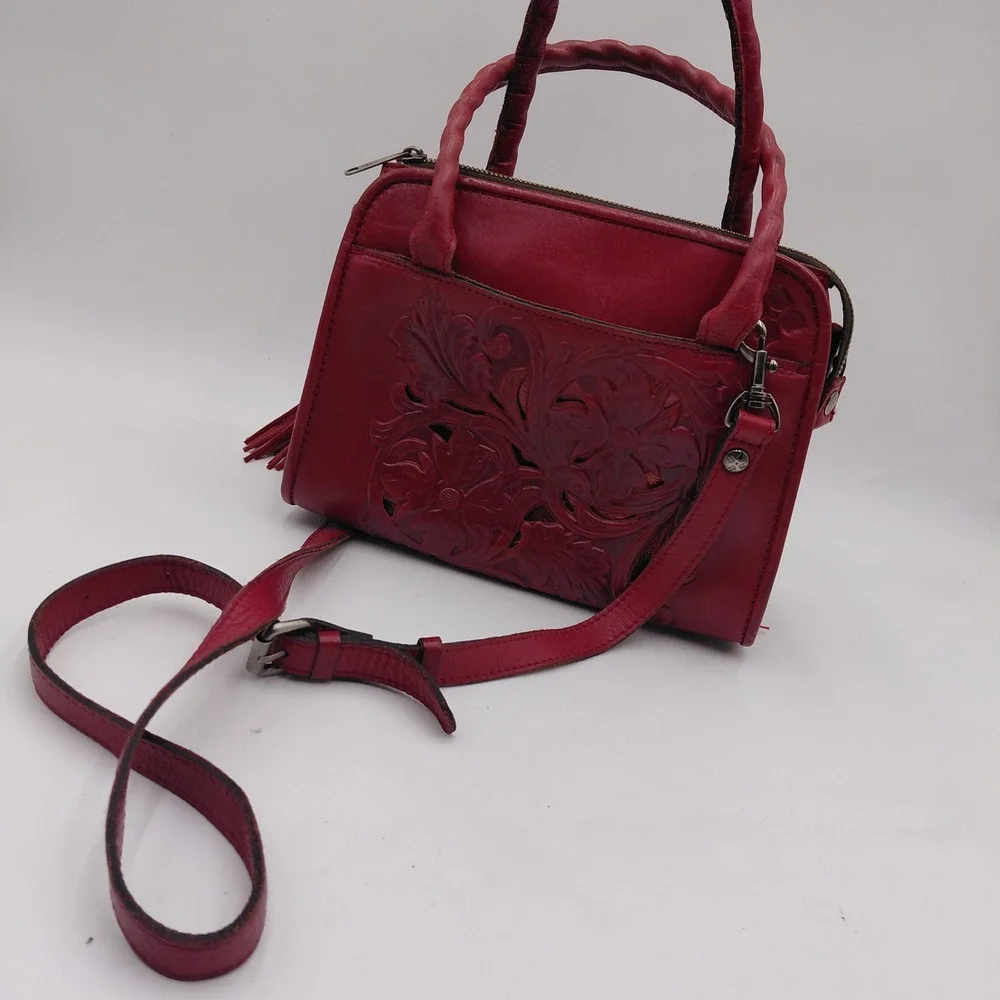 Patricia Nash Red Tooled Leather Satchel Crossbody Bag Floral Cutout Tassel